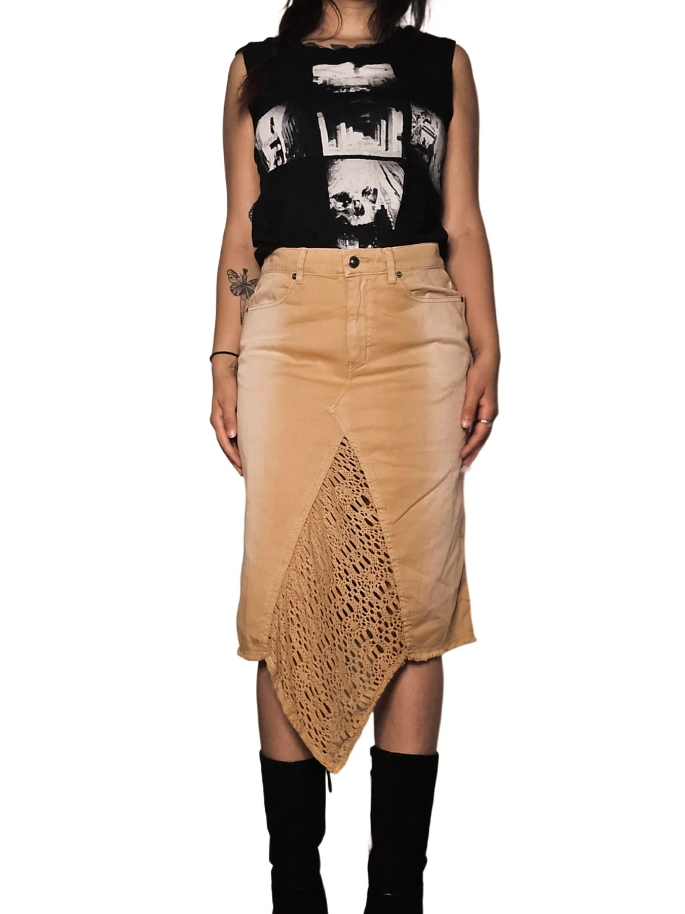 Y2k XOXO Tan Denim Crotchet Midi Skirt!
